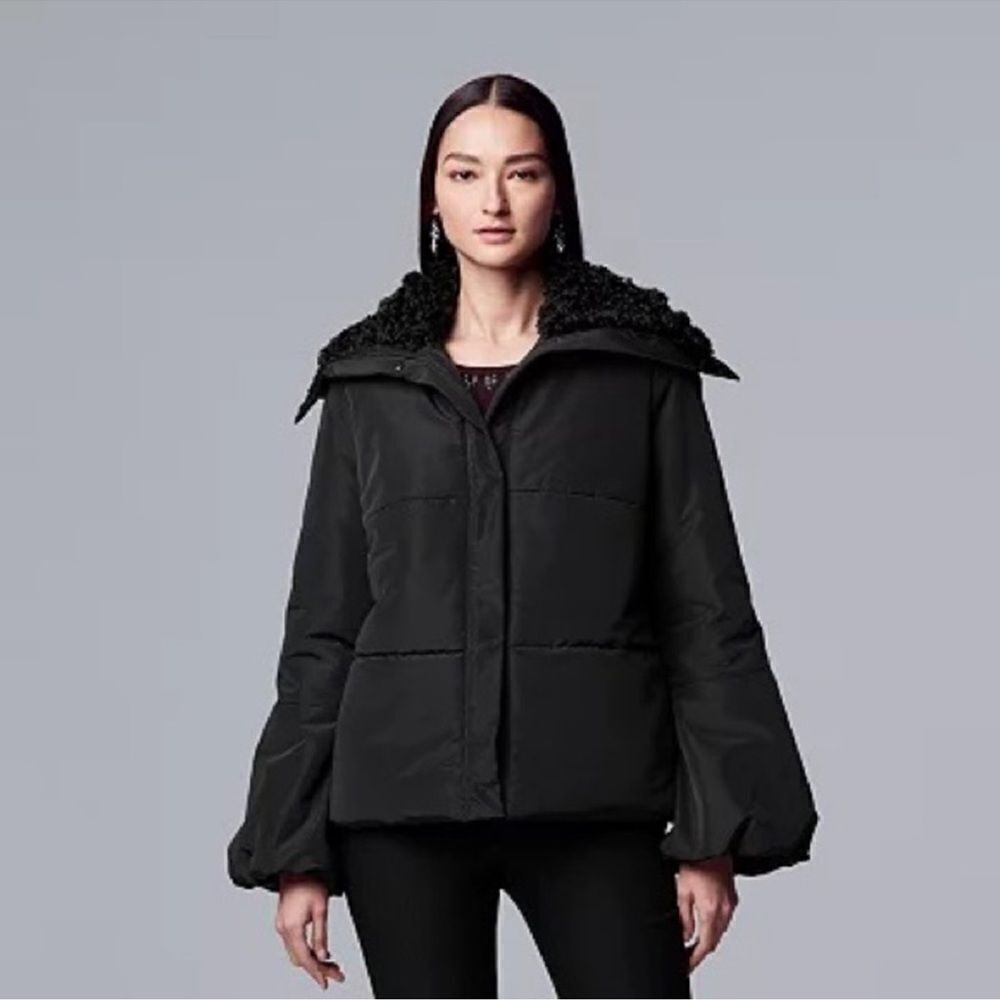 Simply Vera Puffer Jacket Faux Fur Collar Hood Black Medium Balloon Sleeve
